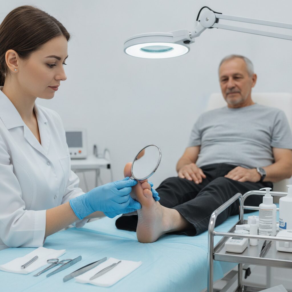 Foot check at home: examining the soles with a mirror and monitoring for redness/calluses