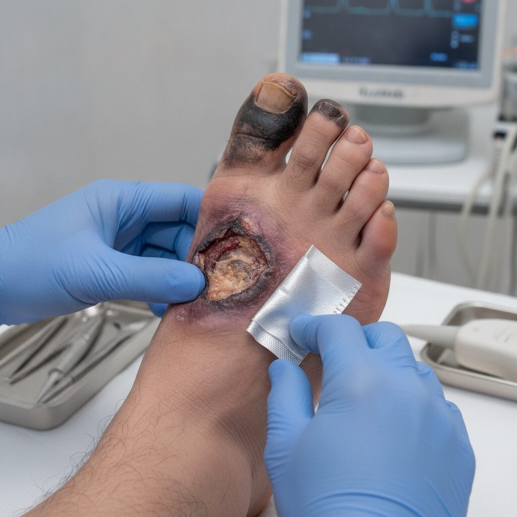 Diagram illustrating the relationship between diabetic foot gangrene, vascular occlusion, and infection